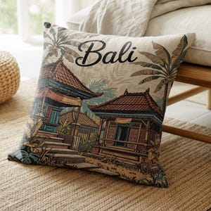 Bali Temple Travel Art Woven Throw Pillow for Tropical Home Decor, island culture pillows and throw blankets