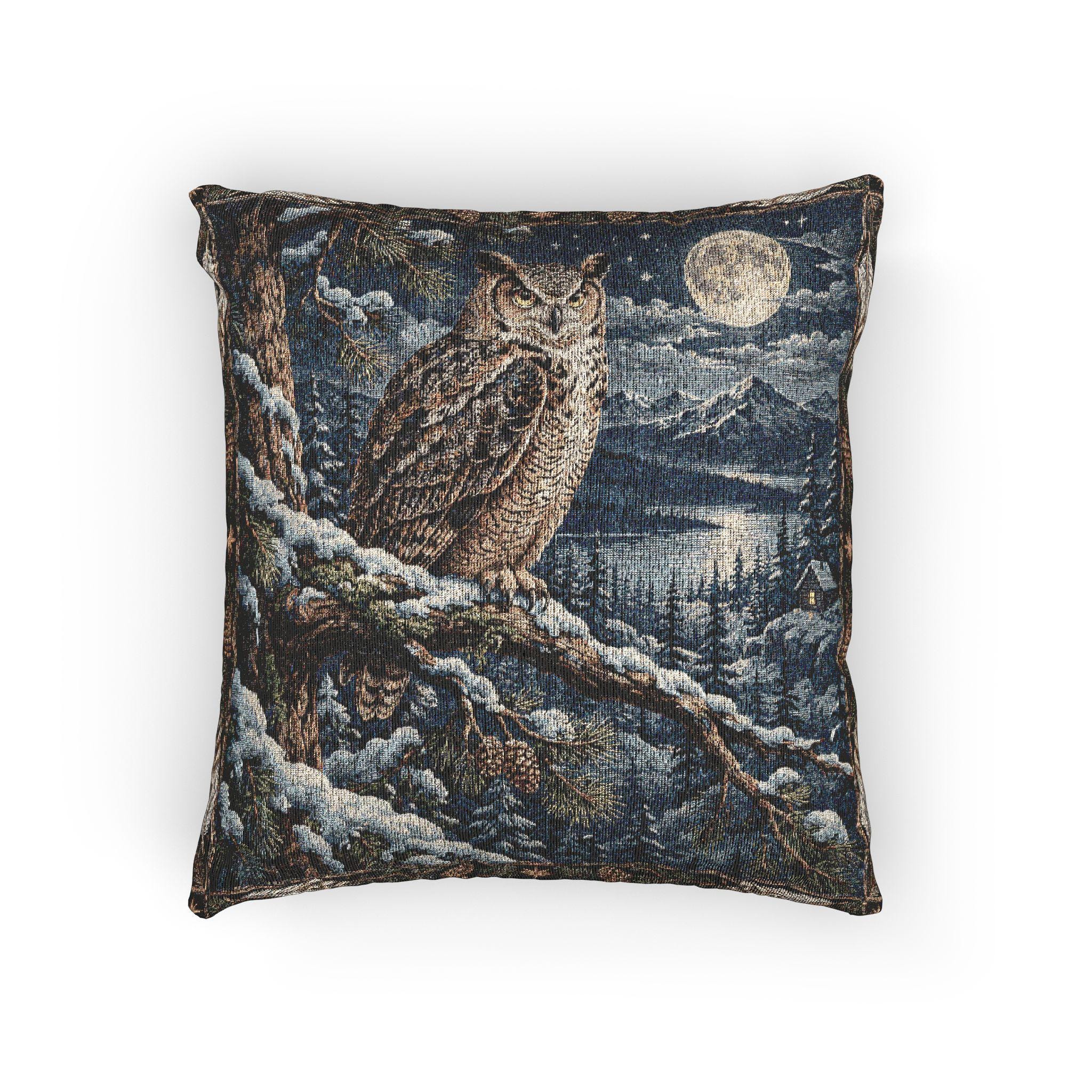 Moonlit Owl Woven Tapestry Pillow , Winter Cabin Decor