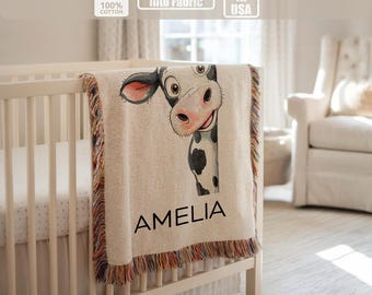 Personalized Cow Kids Woven Blanket, Animal Name Nursery Blanket, Farm Kids Room Decor, Custom Gift