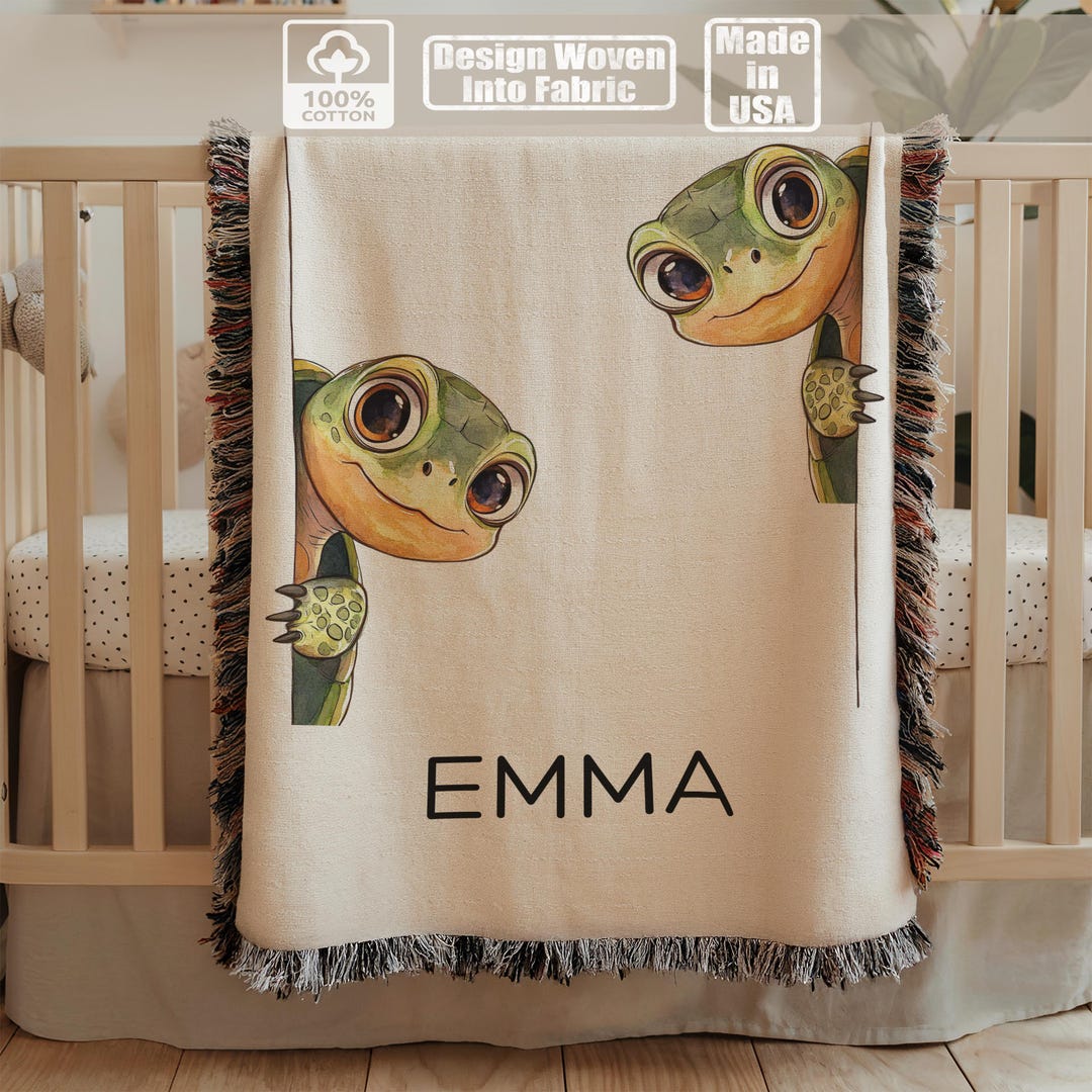 Personalized Turtle Kids Woven Blanket, Animal Name Nursery Blanket ...