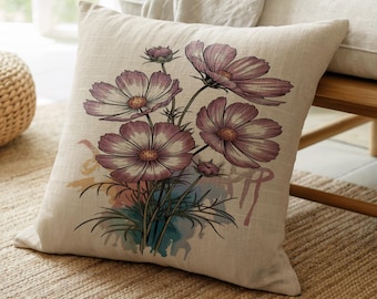 Cosmos flower woven throw pillow floral botanical decor accent cushion gift, pillows and throw blankets
