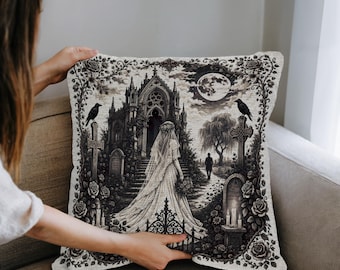 Spectral Bride Throw Pillow, Gothic Wedding Decor, Victorian Woven Pillow, Dark Romance Cushion