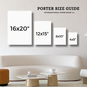 May include: A poster size guide displays four rectangular white posters against a neutral wall. The sizes are 16x20 inches, 12x15 inches, 8x10 inches, and 4x5 inches. The text "POSTER SIZE GUIDE" and "INTERNATIONAL PAPER SIZES 4:5" are at the top.