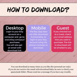 May include: A graphic with the text "HOW TO DOWNLOAD?" and instructions for downloading Etsy purchases on desktop, mobile, and as a guest. The instructions are in colored boxes on a pink background.