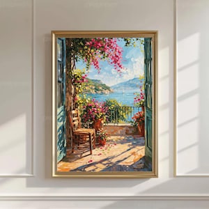 以下が含まれることがあります： 額縁に入った絵画は、穏やかな海の風景を見下ろす日当たりの良いバルコニーを描いています。 バルコニーには木製の椅子、鉢植えの花、錬鉄製の柵があります。 豊かなピンクと緑の葉が、青い水、遠くの山々、ヨットの景色を縁取っています。