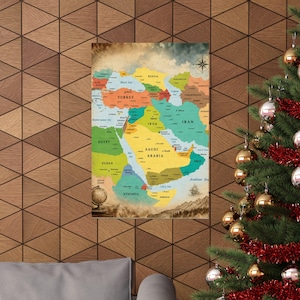 May include: A vintage-style wall map print of the Middle East and surrounding regions, featuring colorful country borders, labeled cities, a compass rose, and a small illustration of a globe and a ship on a textured, aged-looking paper background.