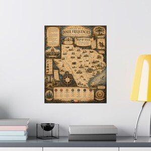 May include: A vintage-style poster titled Atlas of Inner Frequencies featuring a detailed map of Texas. The print includes illustrations of landmarks, a compass rose, text blocks, and a color-coded legend at the bottom, all set against a dark, aged parchment background.