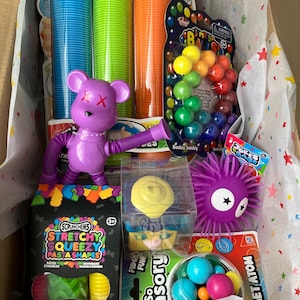 May include: A box of sensory toys, including blue, green, and orange tubes, a purple bear-shaped figure, and various fidget toys. The box contains a variety of shapes and textures, including a spiky ball and a package of colourful balls.