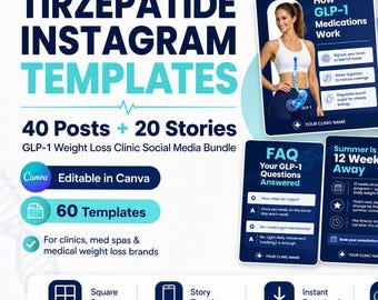 Tirzepatide Instagram Vorlagen, GLP-1 Gewichtsverlust Klinik, Social Media Bundle, 40 Canva Posts + 20 Stories, Mounjaro Marketing Kit