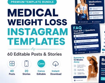 Instagram-Vorlagen für medizinische Gewichtsabnahme, Canva-Social-Media-Kit für Abnehmkliniken, 60 bearbeitbare Beiträge und Stories, GLP1-Marketing