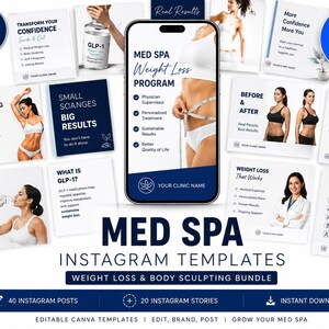 Puede incluir: Una colecci&oacute;n digital de 60 plantillas editables para redes sociales de un spa m&eacute;dico, con temas de p&eacute;rdida de peso y modelado corporal. El conjunto incluye 40 publicaciones y 20 historias de Instagram con dise&ntilde;os de texto y fotograf&iacute;a.