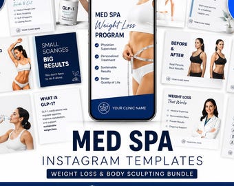 Instagram-Vorlagen für medizinische Spas, Social-Media-Paket für Gewichtsverlust und Körperformung, 60 bearbeitbare Canva-Posts und -Stories, Injektionsset für Pflegekräfte