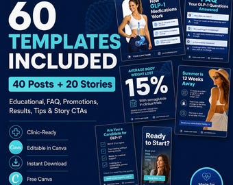Semaglutide Instagram-Vorlagen, Social Media Kit für Gewichtsabnahme, 40 Posts 20 Geschichten bearbeitbare Canva, Ozempic Wegovy GLP-1 Marketing
