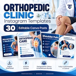 Orthopedic Clinic Instagram Templates, 30 Editable Canva Posts for Physiotherapy, Sports Medicine & Spine Doctors, Medical Social Media Kit