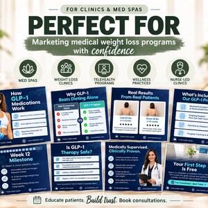 May include: A collection of ten square marketing graphics for medical weight loss programs. The dark blue templates feature text, icons, and photos of individuals, detailing GLP-1 medication benefits, patient results, and clinic consultation steps.