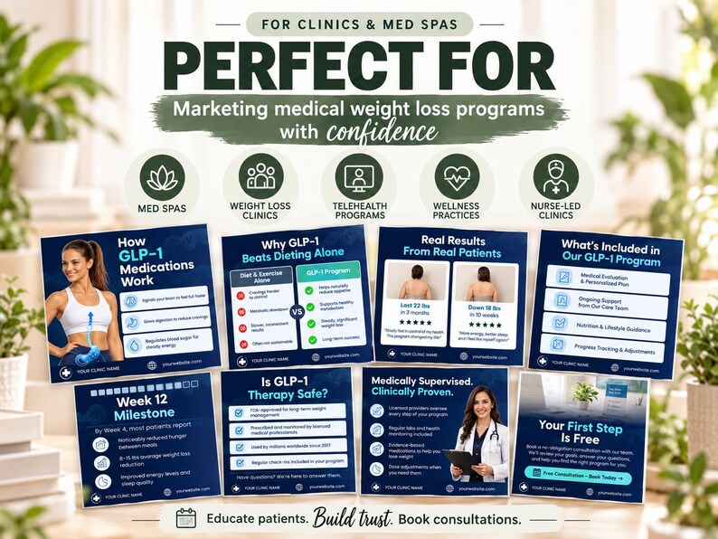 May include: A collection of ten square marketing graphics for medical weight loss programs. The dark blue templates feature text, icons, and photos of individuals, detailing GLP-1 medication benefits, patient results, and clinic consultation steps.