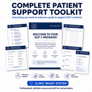 May include: A complete patient support toolkit for GLP-1 programs, featuring a welcome guide, program roadmap, side effects guide, 12-week progress tracker, goal setting worksheet, and contact information sheet, all with a professional blue and white design.