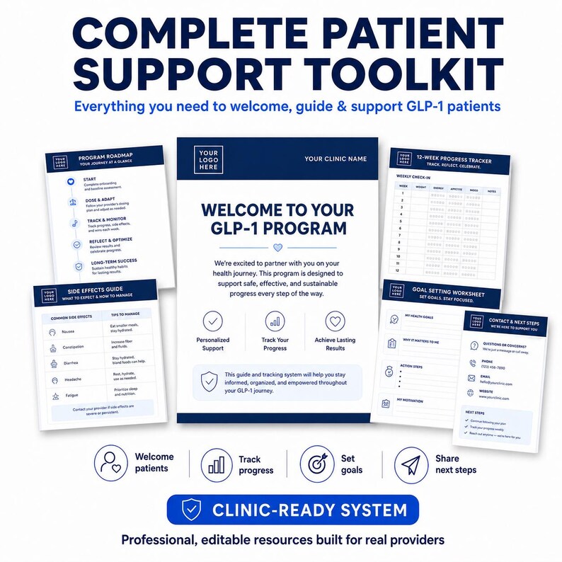 May include: A complete patient support toolkit for GLP-1 programs, featuring a welcome guide, program roadmap, side effects guide, 12-week progress tracker, goal setting worksheet, and contact information sheet, all with a professional blue and white design.