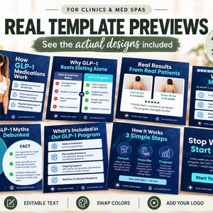 May include: A digital marketing template set for clinics and med spas featuring 40 social media posts and 20 stories. The designs include text about GLP-1 medications, weight loss milestones, program benefits, and patient results in a blue color scheme.