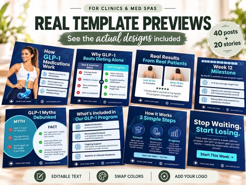 May include: A digital marketing template set for clinics and med spas featuring 40 social media posts and 20 stories. The designs include text about GLP-1 medications, weight loss milestones, program benefits, and patient results in a blue color scheme.
