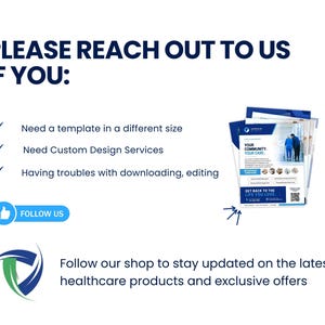 May include: A white background with blue text stating "PLEASE REACH OUT TO US IF YOU:" and bullet points. There is also a stack of blue and white flyers and the text "FOLLOW US" in a blue button.