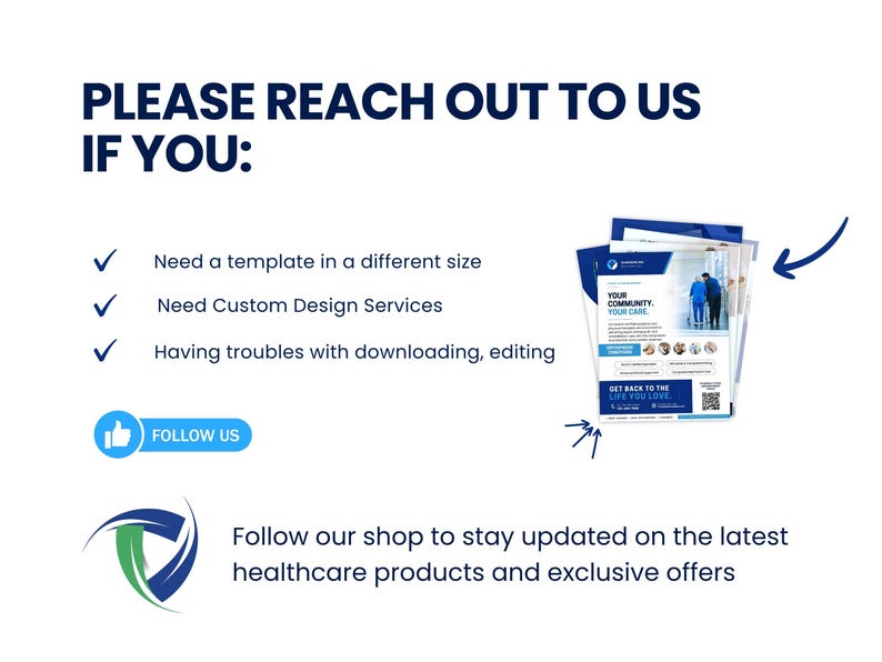 May include: A white background with blue text stating "PLEASE REACH OUT TO US IF YOU:" and bullet points. There is also a stack of blue and white flyers and the text "FOLLOW US" in a blue button.