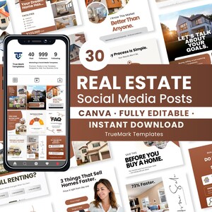 May include: A digital marketing image showcasing real estate social media post templates. The image features a smartphone displaying various templates, including posts with text like "Let's Talk About Your Goals" and "Buying a Home?" The design is in shades of brown and white.