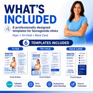 May include: A digital marketing bundle for Semaglutide clinics featuring 6 editable templates including a flyer, tri-fold brochure, and rack card. The design includes blue and white branding, medical icons, and text detailing weight loss programs.