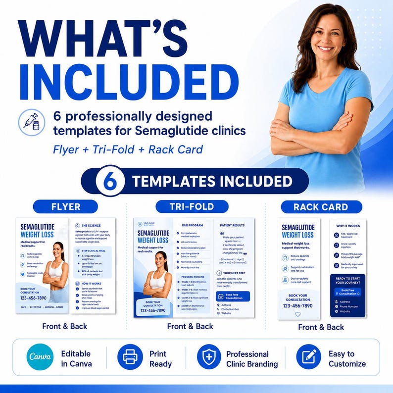 May include: A digital marketing bundle for Semaglutide clinics featuring 6 editable templates including a flyer, tri-fold brochure, and rack card. The design includes blue and white branding, medical icons, and text detailing weight loss programs.