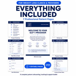 May include: A set of seven professional patient pages for weight loss clinics, including a welcome letter, program roadmap, dosing log, progress tracker, side effects guide, goal setting worksheet, and contact page, all featuring a blue and white design.
