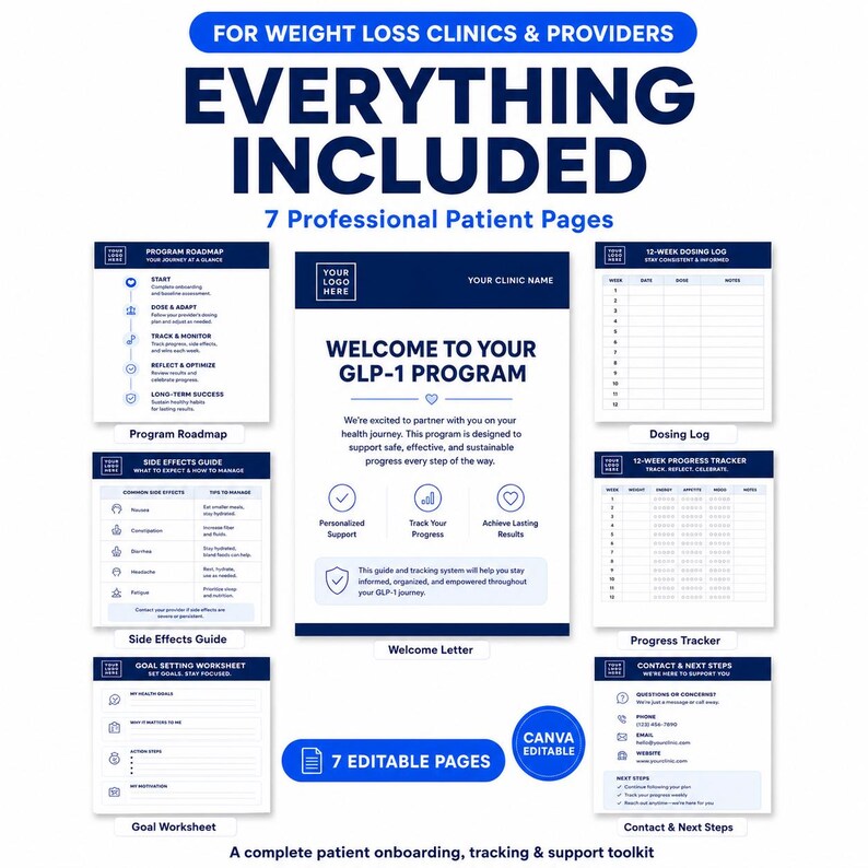 May include: A set of seven professional patient pages for weight loss clinics, including a welcome letter, program roadmap, dosing log, progress tracker, side effects guide, goal setting worksheet, and contact page, all featuring a blue and white design.