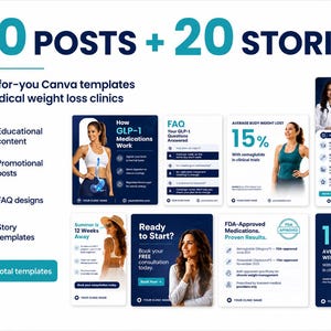 May include: A digital collection of 40 social media posts and 20 story templates for medical weight loss clinics. The Canva templates feature dark blue and white color schemes, including educational content, promotional posts, and FAQ designs.