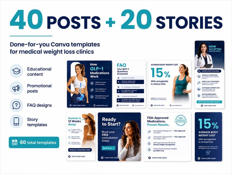 May include: A digital collection of 40 social media posts and 20 story templates for medical weight loss clinics. The Canva templates feature dark blue and white color schemes, including educational content, promotional posts, and FAQ designs.