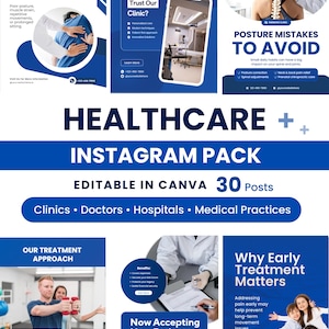 Könnte beinhalten: Eine digitale Marketinggrafik für Angehörige der Gesundheitsberufe. Das Bild zeigt eine Sammlung von Instagram-Posts mit Texten wie „Häufige Ursachen von Rückenschmerzen“ und „Haltungsfehler, die es zu vermeiden gilt“. Das Paket ist in Canva bearbeitbar und enthält 30 Beiträge.