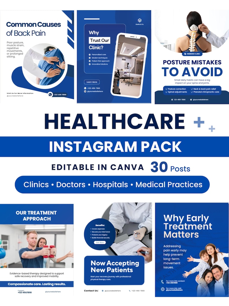 Pode incluir: Um gr&aacute;fico de marketing digital para profissionais de sa&uacute;de. A imagem apresenta uma cole&ccedil;&atilde;o de posts do Instagram com texto como "Causas comuns de dor nas costas" e "Erros de postura a evitar". O pacote &eacute; edit&aacute;vel no Canva e inclui 30 posts.