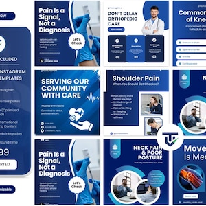 May include: A dark blue promotional graphic for orthopedic Instagram feed post templates. The graphic includes multiple squares with medical information, a phone graphic, and the text "Pain is a Signal, Not a Diagnosis."