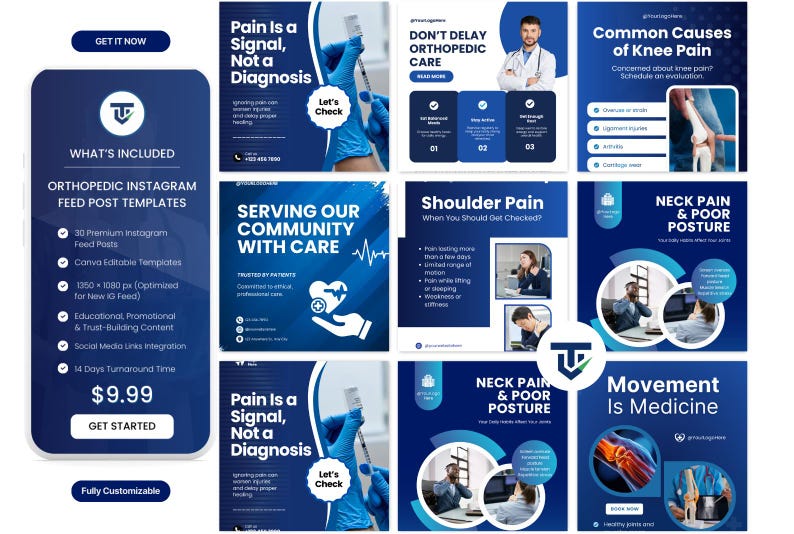 May include: A dark blue promotional graphic for orthopedic Instagram feed post templates. The graphic includes multiple squares with medical information, a phone graphic, and the text "Pain is a Signal, Not a Diagnosis."