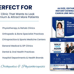 May include: A blue and white promotional graphic for medical clinics. The text includes "PERFECT FOR" and lists clinic types. Additional text promotes an A4 size, editable, instant download, and Canva link. Images of medical professionals are included.