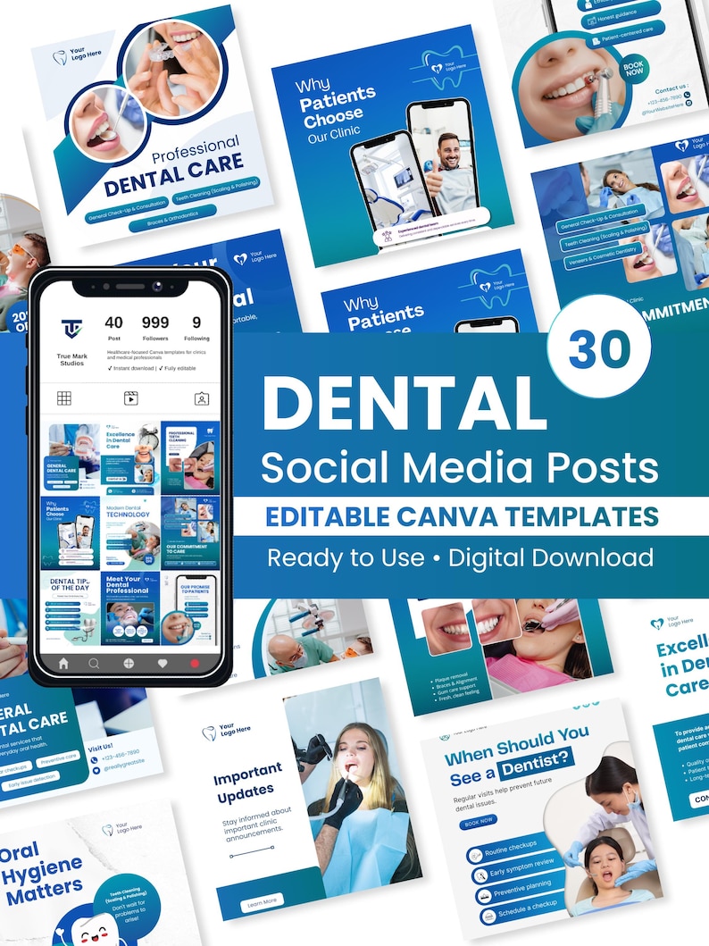 K&ouml;nnte beinhalten: 30 editierbare Canva-Vorlagen f&uuml;r Social-Media-Posts im Bereich Zahnmedizin, sofort einsatzbereit und digital zum Download. Die Vorlagen verwenden T&uuml;rkis- und Wei&szlig;t&ouml;ne und zeigen zahn&auml;rztliche Behandlungen.