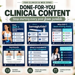 May include: A set of six digital marketing graphics for clinics and med spas titled Done-For-You Clinical Content. The images feature text about GLP-1 medications, semaglutide, patient results, program inclusions, and calls to action for new patients.
