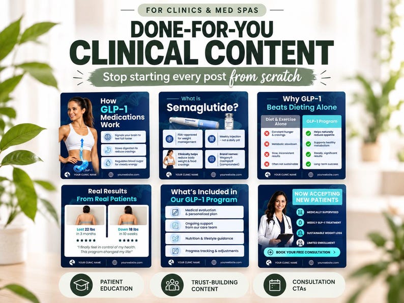 May include: A set of six digital marketing graphics for clinics and med spas titled Done-For-You Clinical Content. The images feature text about GLP-1 medications, semaglutide, patient results, program inclusions, and calls to action for new patients.