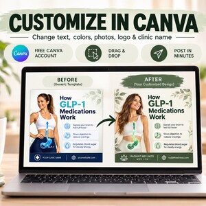May include: A laptop screen displaying a customizable Canva template for a medical infographic titled How GLP-1 Medications Work. The design features a before and after comparison showing a person, digestive system icons, and text explaining medication effects.