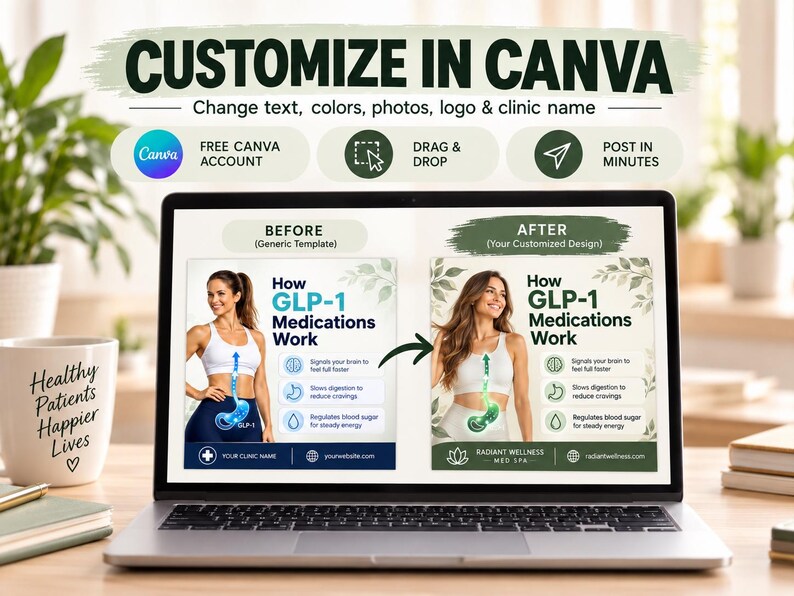 May include: A laptop screen displaying a customizable Canva template for a medical infographic titled How GLP-1 Medications Work. The design features a before and after comparison showing a person, digestive system icons, and text explaining medication effects.