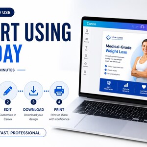May include: A silver laptop displaying a Canva interface with a medical weight loss advertisement. The screen shows text including Medical-Grade Weight Loss, Doctor-supervised care, and Proven results. A four-step process graphic shows purchase, edit, download, and print.