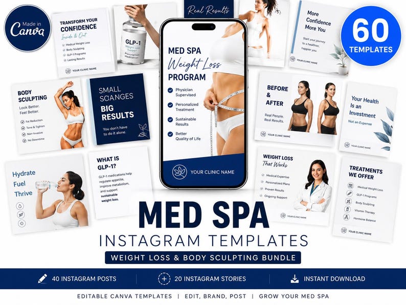 Puede incluir: Una colecci&oacute;n digital de 60 plantillas editables para redes sociales de un spa m&eacute;dico, con temas de p&eacute;rdida de peso y modelado corporal. El conjunto incluye 40 publicaciones y 20 historias de Instagram con dise&ntilde;os de texto y fotograf&iacute;a.