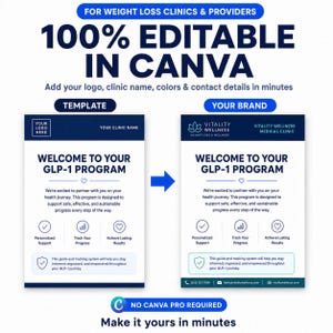 May include: A digital template for weight loss clinics featuring the text Welcome to your GLP-1 program. The design includes sections for personalized support, progress tracking, and results, with placeholders for a logo, clinic name, and contact details.