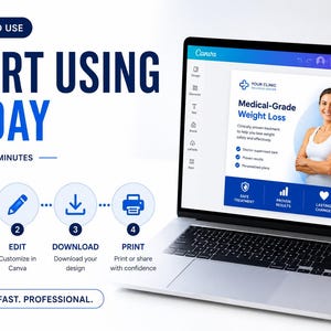 May include: A silver laptop displaying a Canva interface with a medical weight loss advertisement. The screen shows text including Medical-Grade Weight Loss, Doctor-supervised care, and Proven results. A four-step process graphic shows purchase, edit, download, and print.