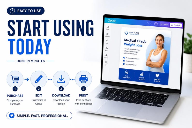 May include: A silver laptop displaying a Canva interface with a medical weight loss advertisement. The screen shows text including Medical-Grade Weight Loss, Doctor-supervised care, and Proven results. A four-step process graphic shows purchase, edit, download, and print.