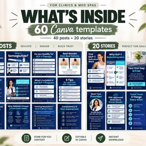 May include: A digital collection of 60 Canva templates for clinics and med spas, featuring 40 social media posts and 20 stories. The dark blue and white designs include educational text about GLP-1 medications, weight loss, and patient care.