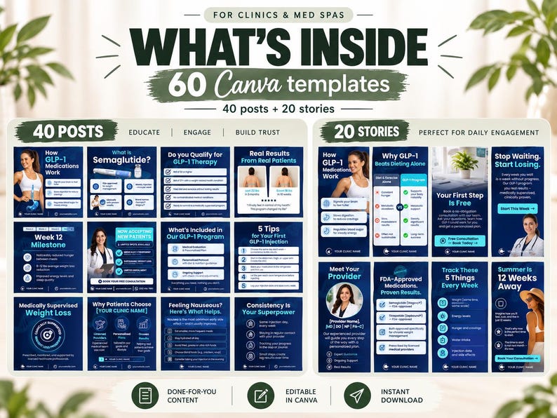 May include: A digital collection of 60 Canva templates for clinics and med spas, featuring 40 social media posts and 20 stories. The dark blue and white designs include educational text about GLP-1 medications, weight loss, and patient care.